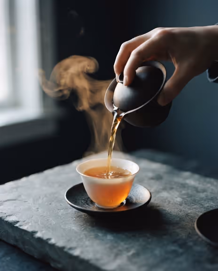 以蓋碗將琥珀色茶湯注入白瓷杯